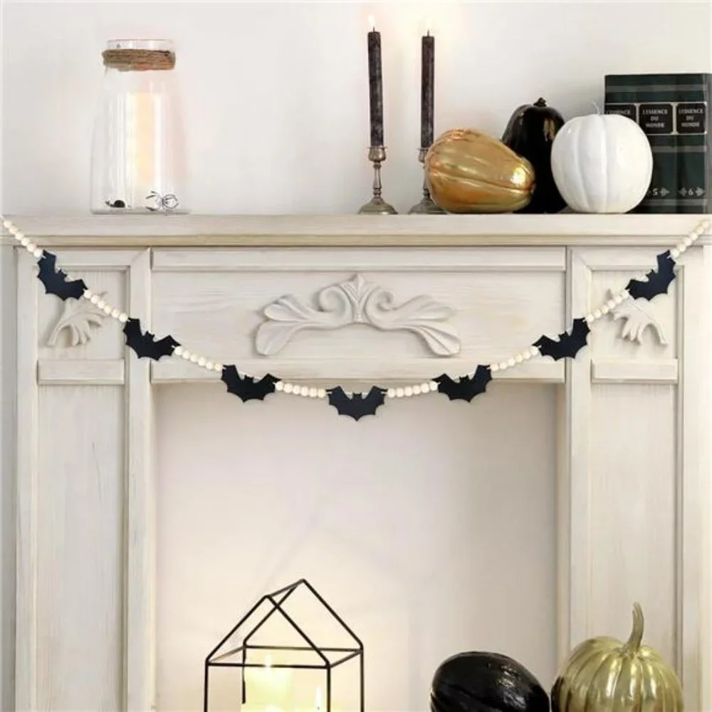 Halloween Garland, Bats Garland for Halloween Mantle Decor, Wood Bead Banner